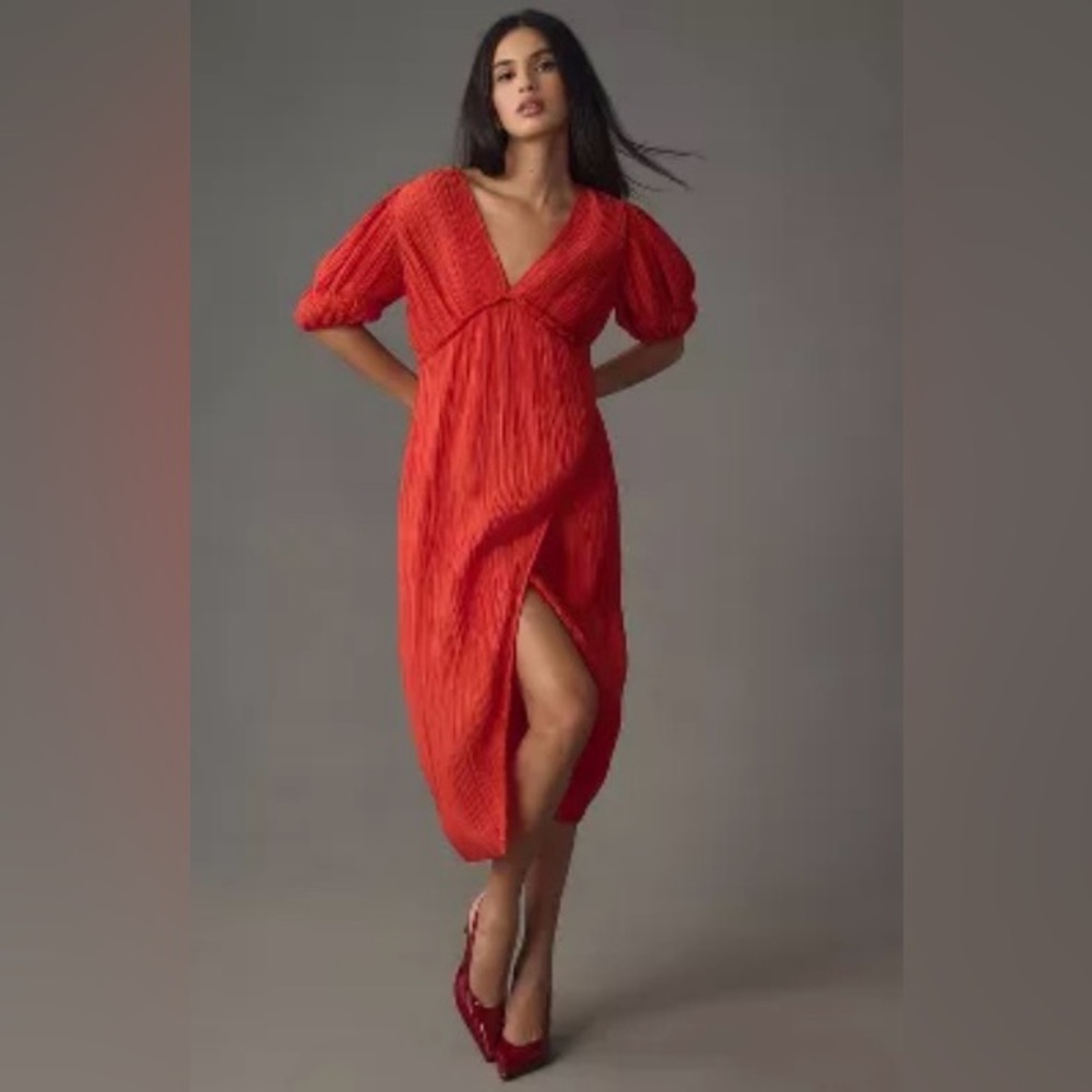 ANTHROPOLOGY V-NECK PLEATED SLIM MIDI DRESS IN RED, never worn